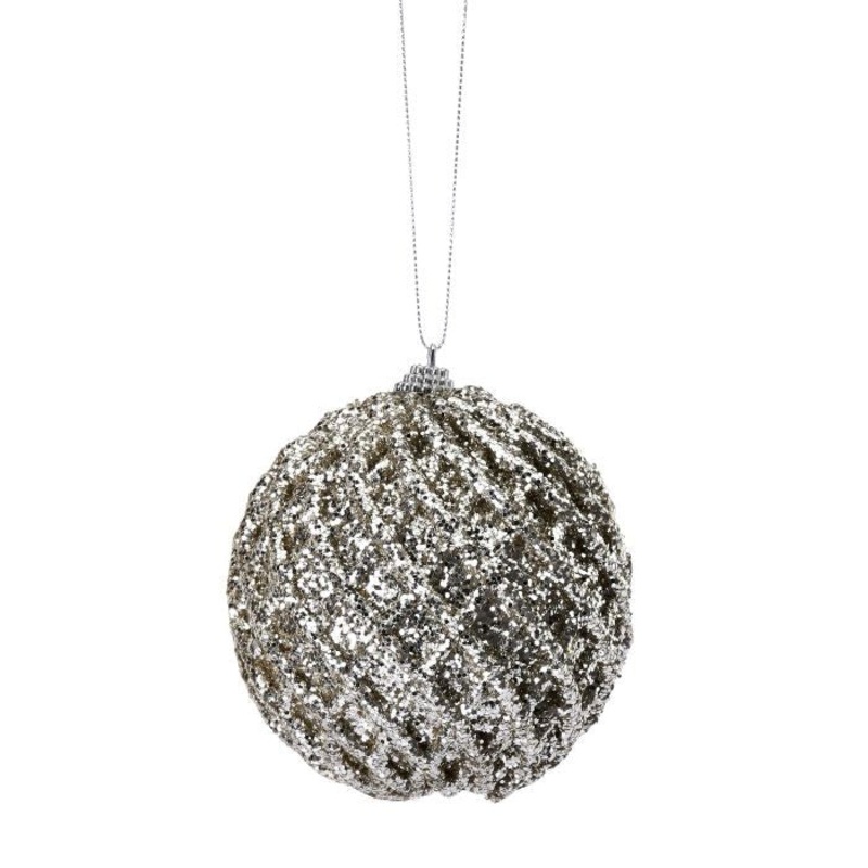 4 Glittered Net Ball Ornament Platinum