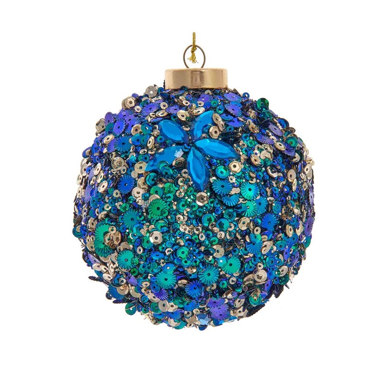 4 Peacock Inspired Glittered and Sequined Ball Ornament