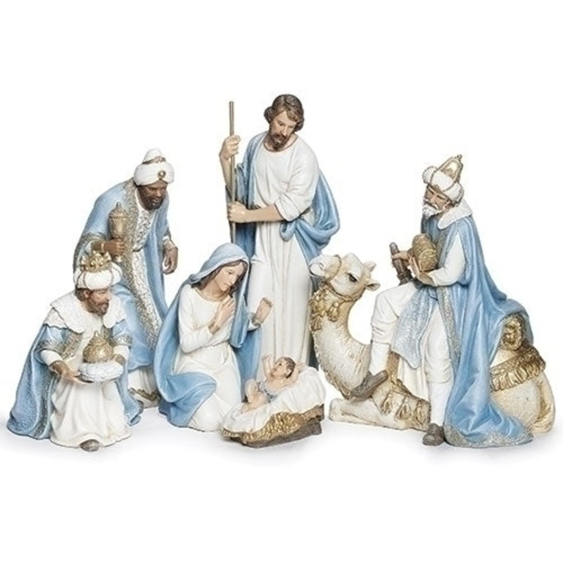 6-Piece Nativity Set W/ King On Camel, Blue Champagne, 9.2