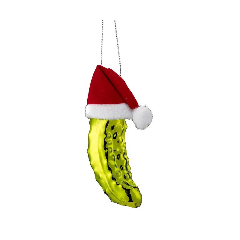 Noble Gems Pickle In Santa Hat Glass Ornament