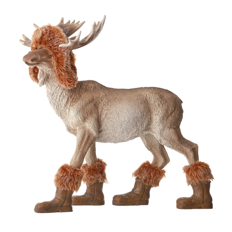 Resin Forest Moose w/Faux Fur Hat & Boots Figurine, 13