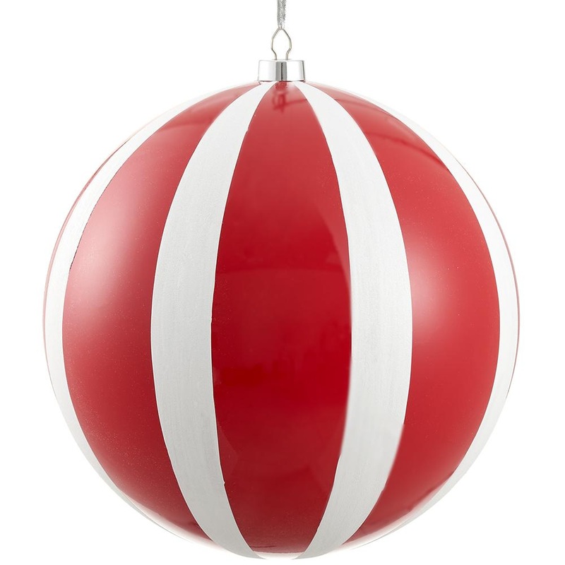 19.5 Glittered Stripe Plastic Ball Ornament (Red White)