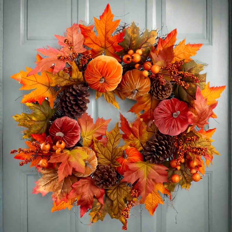 22 Pumpkin & Berry & Pine Cone Wreath, Fall