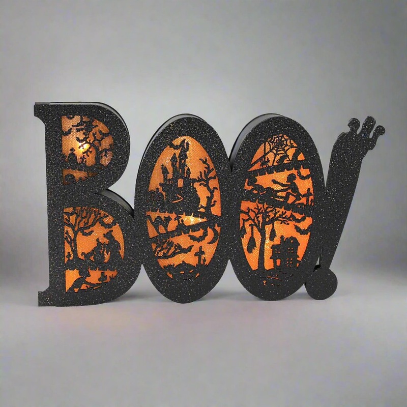 Boo Sign With Bats And Ghosts, Black Glitter, 5