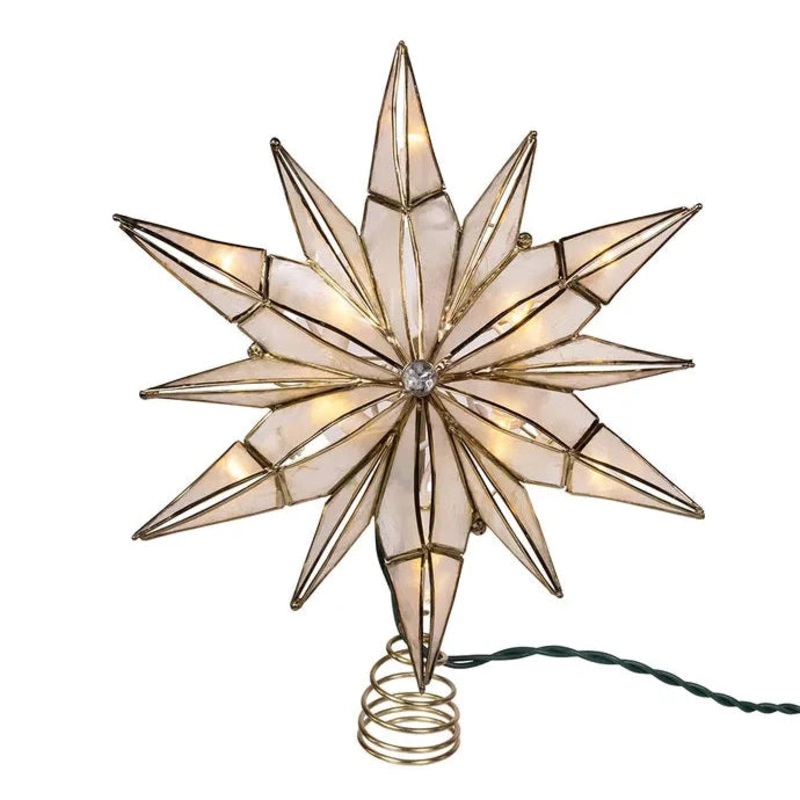 10-Light LED 12-Point Brass Plated Capiz Star With Gem Center Treetop, 10.24 (UL)