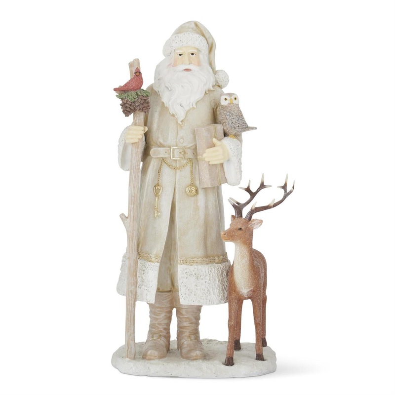 15.25 Resin Cream Coat Santa w/Cardinal, Owl and Deer
