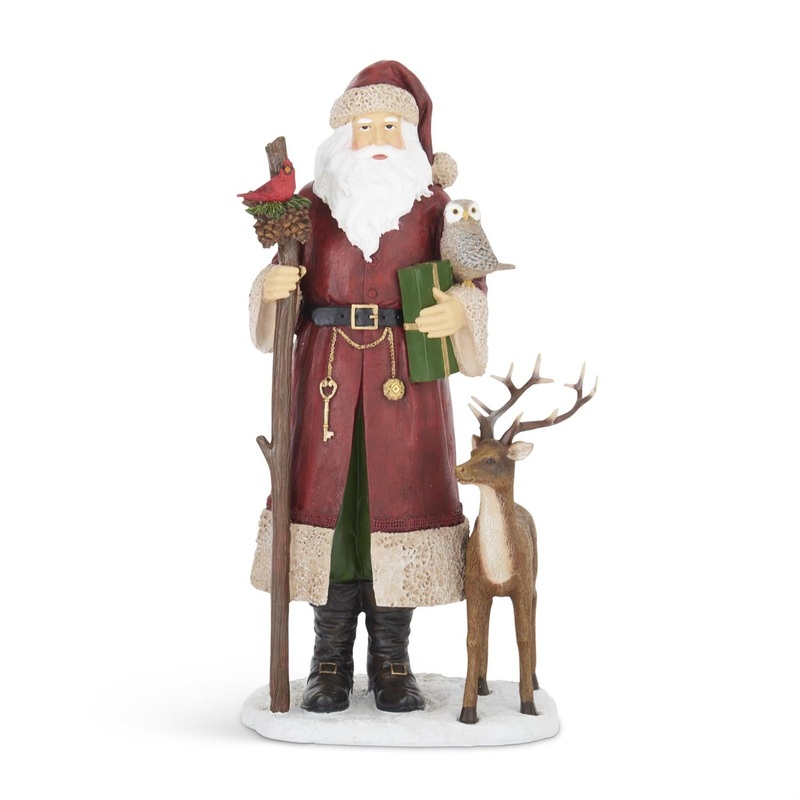 15.25 Resin Red Coat Santa w/Cardinal, Owl and Deer
