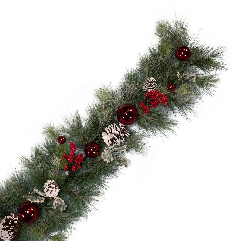 6 Frosted Pine Garland w/ Pinecone, Holly, Berries & Red Ball
