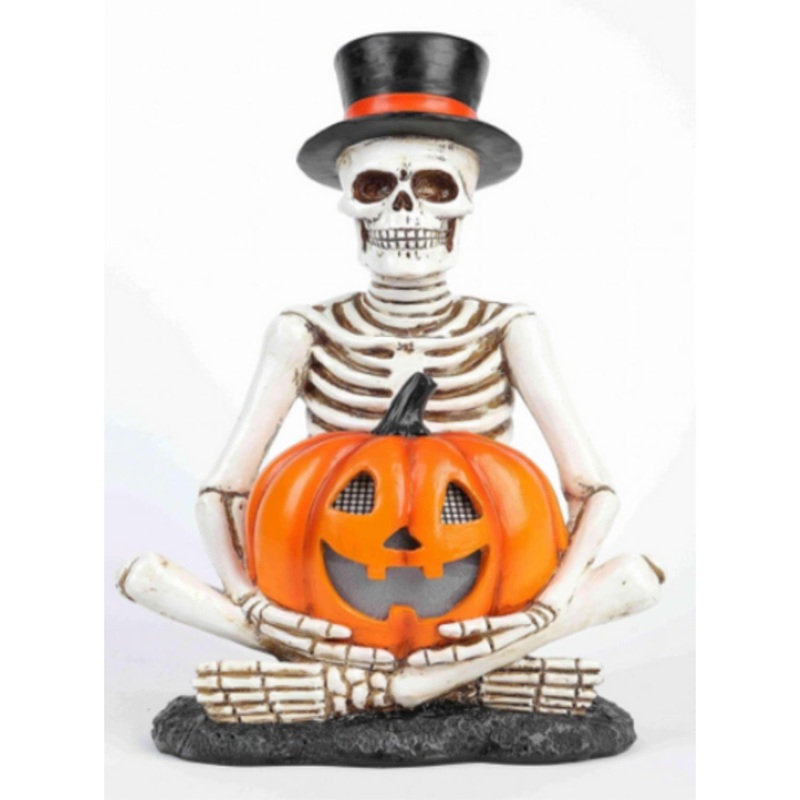 Halloween Sitting Skeleton with Black Hat and Pumpkin (Battery Operated, LED eyes)