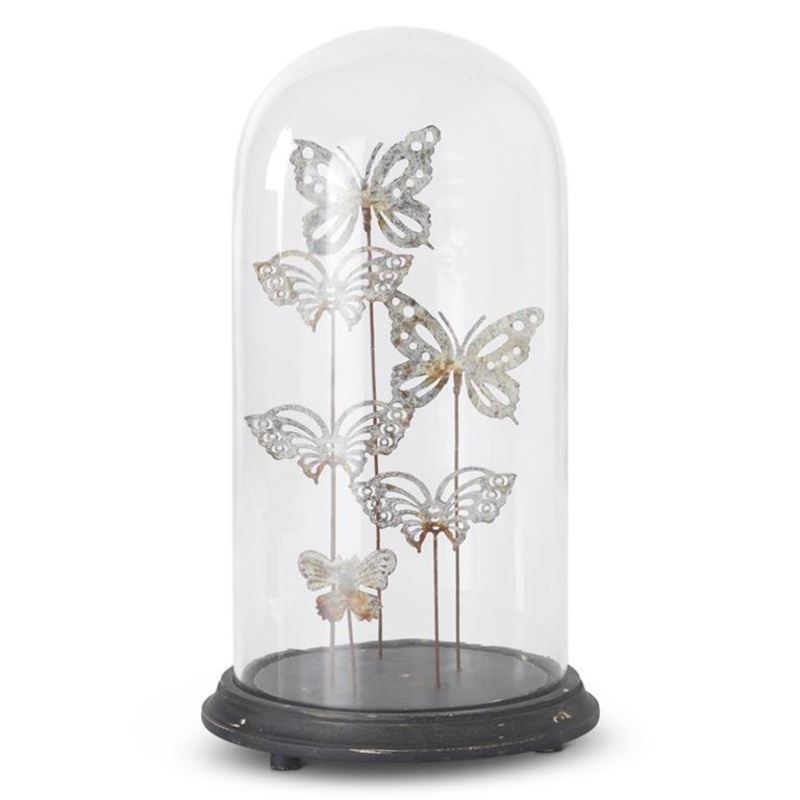 17.5 Glass Dome w/Rustic Metal Butterflies on Spindle