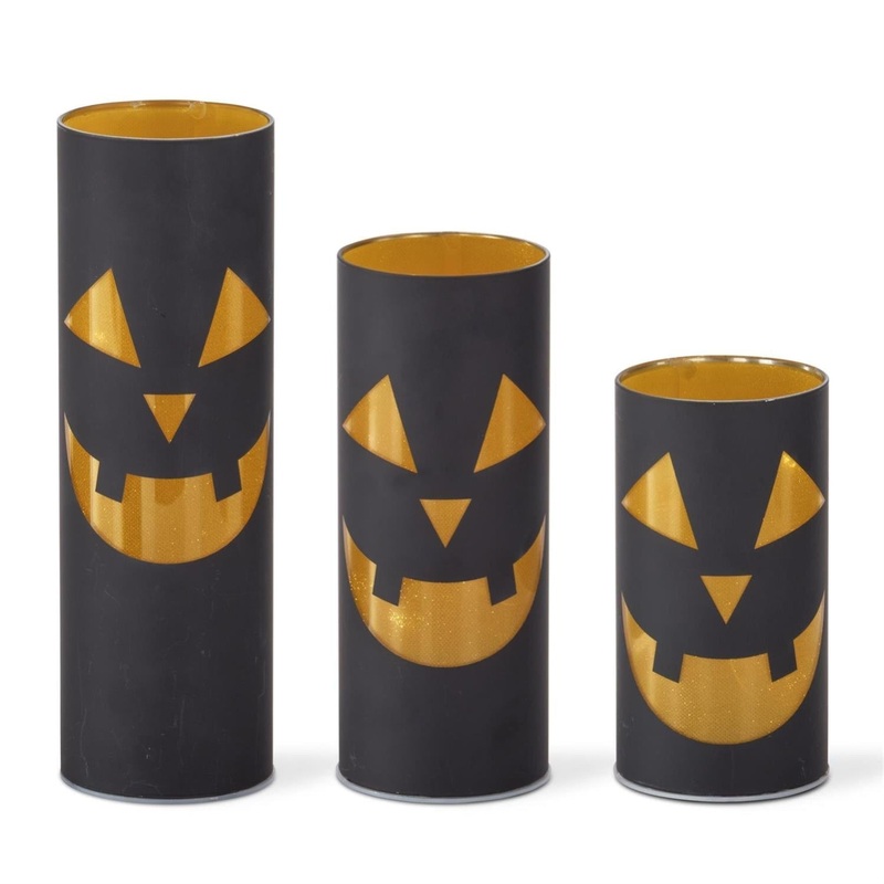 Black & Gold Laser Engraved Jack-O’-Lantern LED Cylinders (Set of 3)