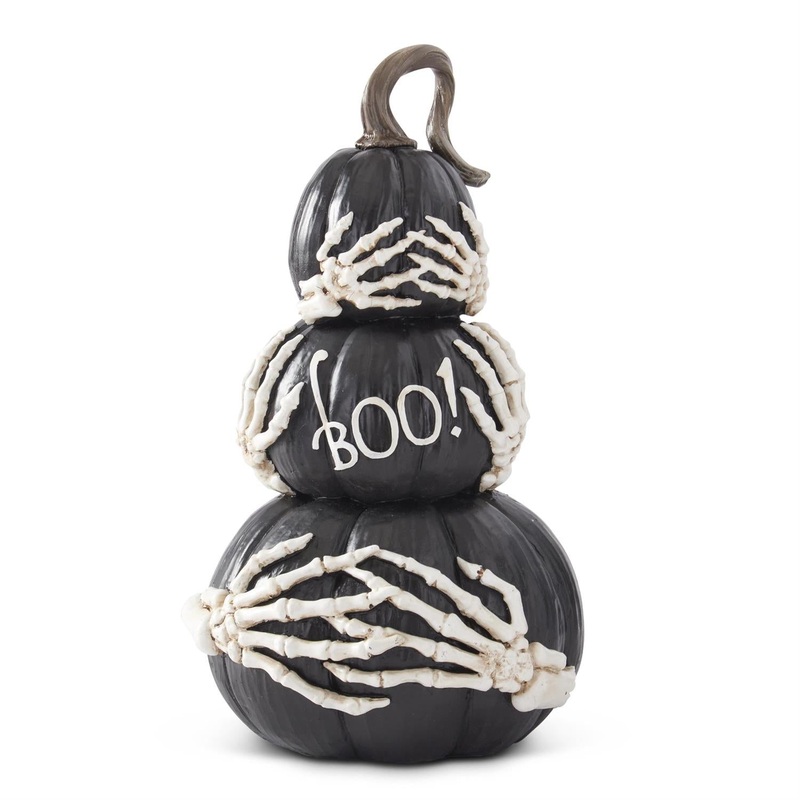 Black Resin 3 Stacked BOO Pumpkins w/Skeleton Hands