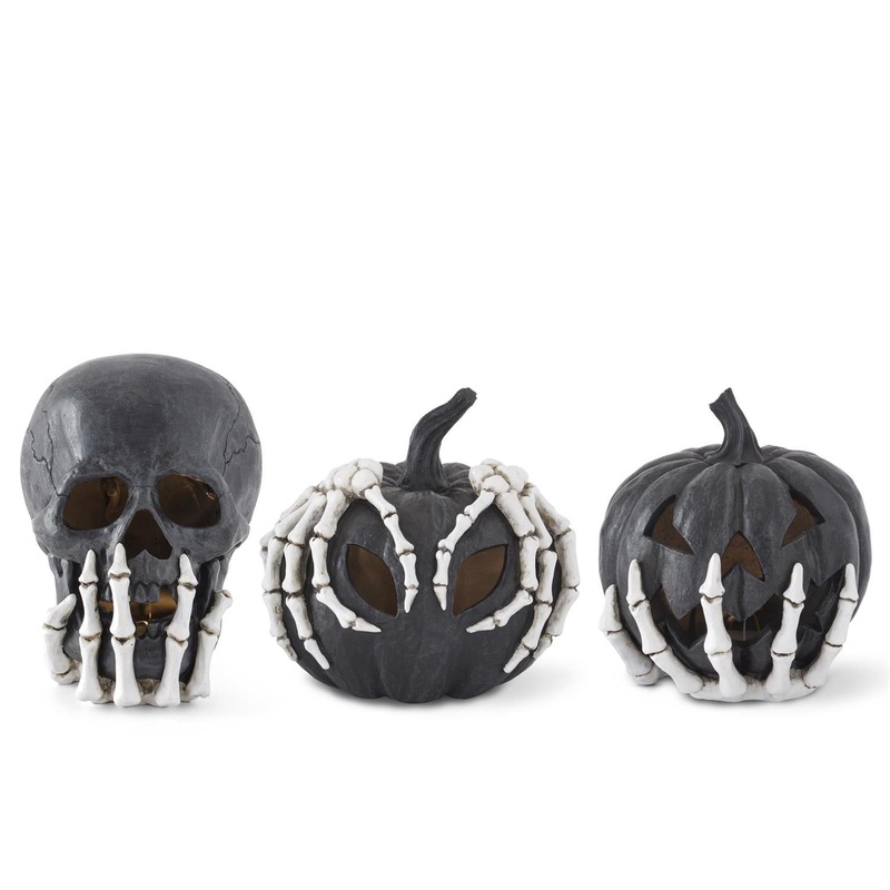 Black Resin LED Jack-O’-Lanterns & Skull (Set of 3)