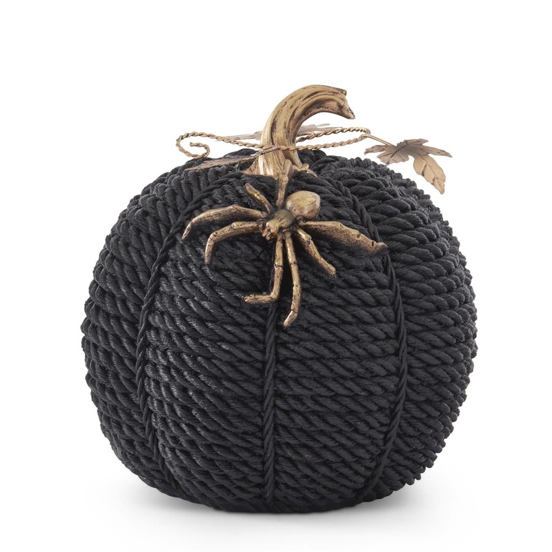 Black Resin Rope Pumpkin w/Gold Leaves, 10.75