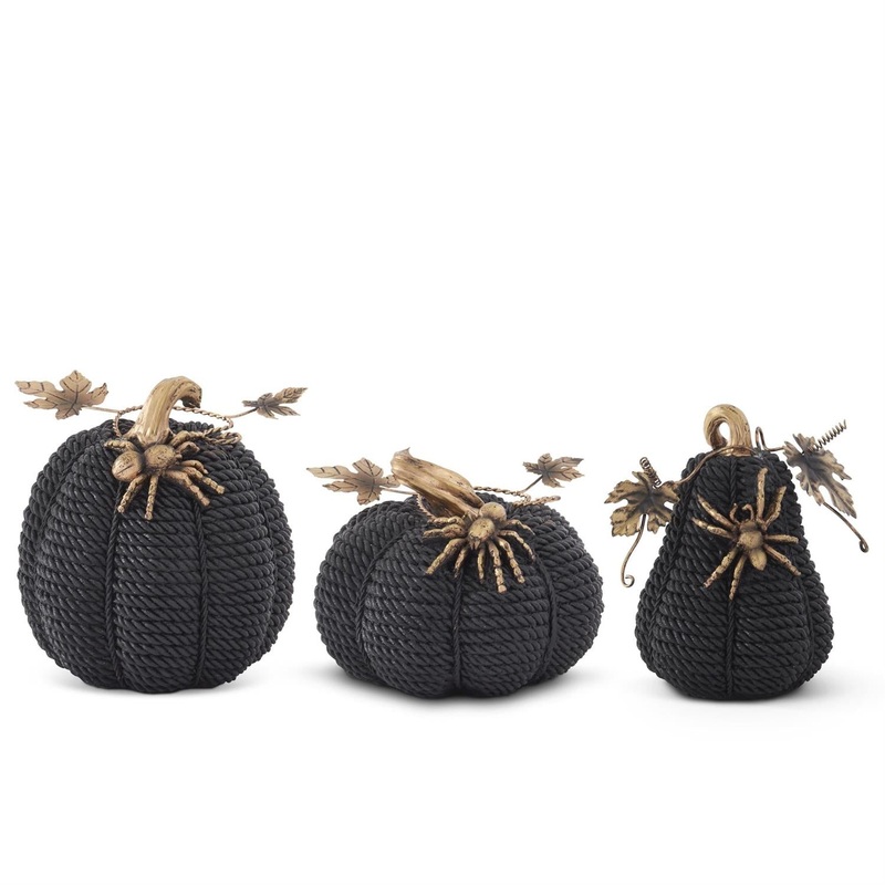 Black Resin Rope Pumpkins w/Gold Leaves (Set of 3)