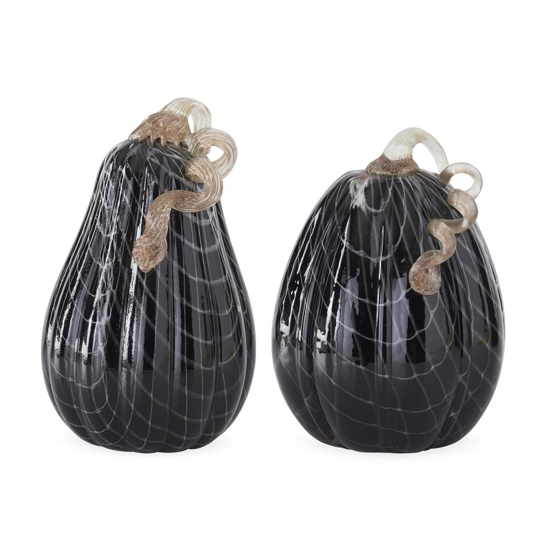 Black w/White Swirls Handblown Glass Pumpkins (Set of 2)