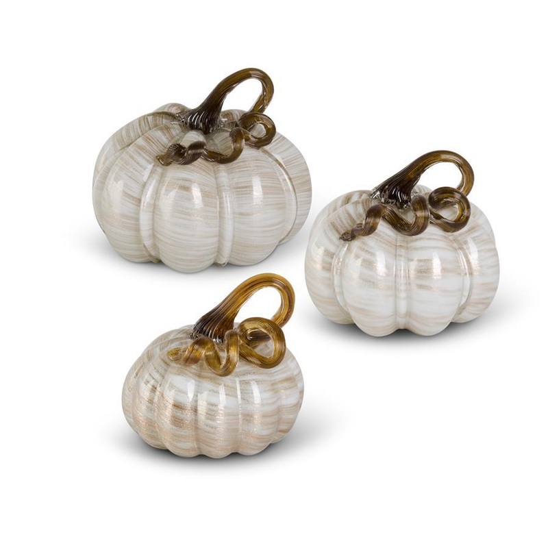 Cream and Gold Swirl Handblown Glass Pumpkins (Set of 3)