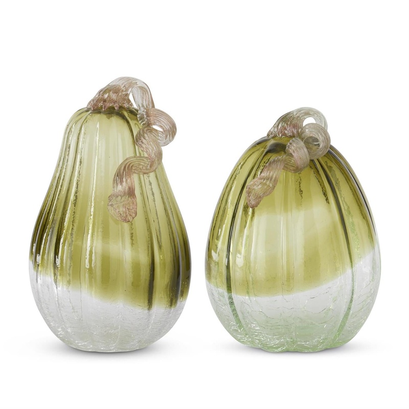 Green & Clear Crackled Handblown Glass Pumpkins (Set of 2)