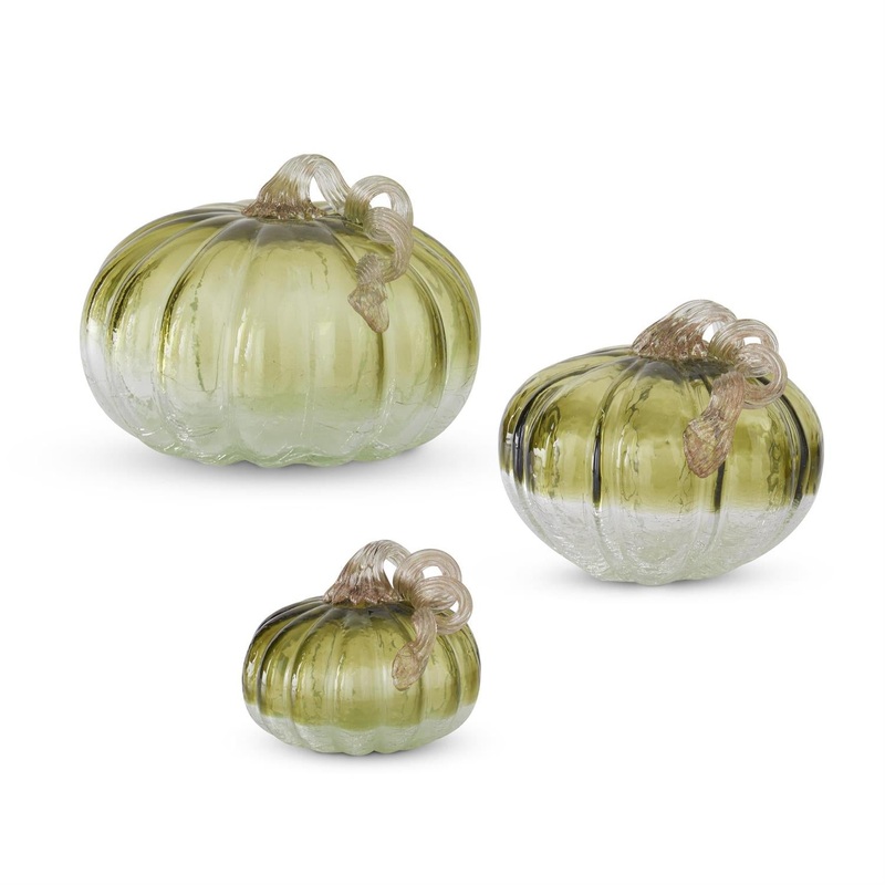 Green & Clear Crackled Handblown Glass Pumpkins (Set of 3)