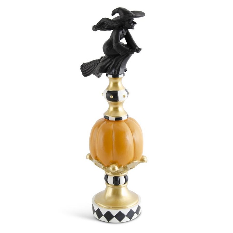 Resin Black White Orange & Gold Finial w/ Witch Top, 17.75