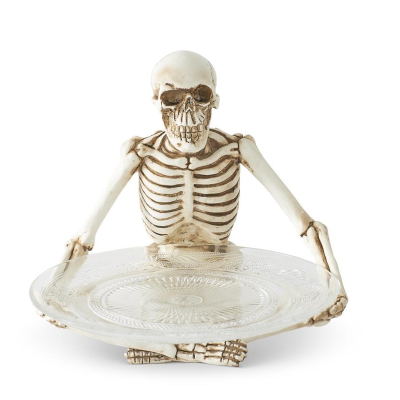 Resin Sitting Skeleton Holding Glass Platter, 10