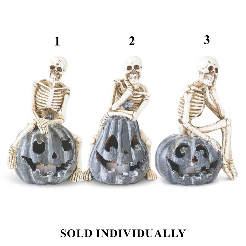 Resin Skeletons on Gray LED Jack-o’-lanterns, 5.5 (3 styles – sold individually)