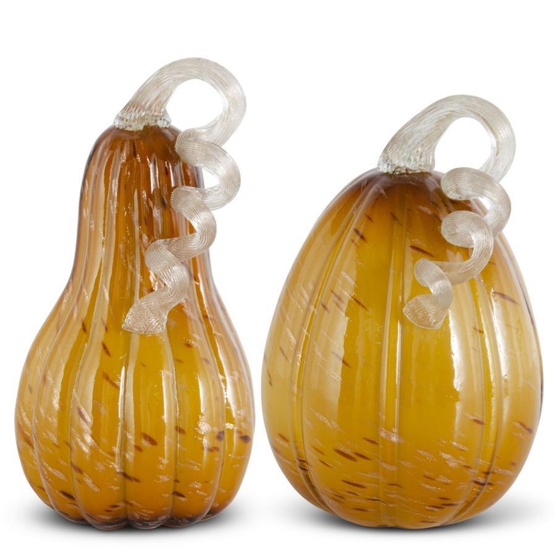 Yellow Speckled Handblown Glass Pumpkins (Set of 2)