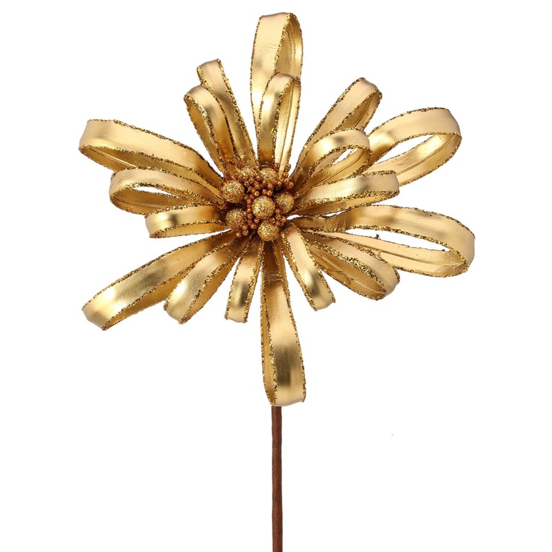 18 Glitter Ribbon Flower Stem (Gold)