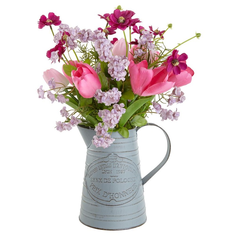 Tulip/Mini Cosmos in Tin Pitcher Pink, 17