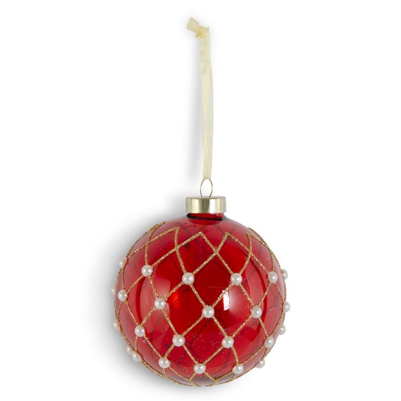3.75 Red Glass Ornament w/Gold Diamond Glitter & Pearls
