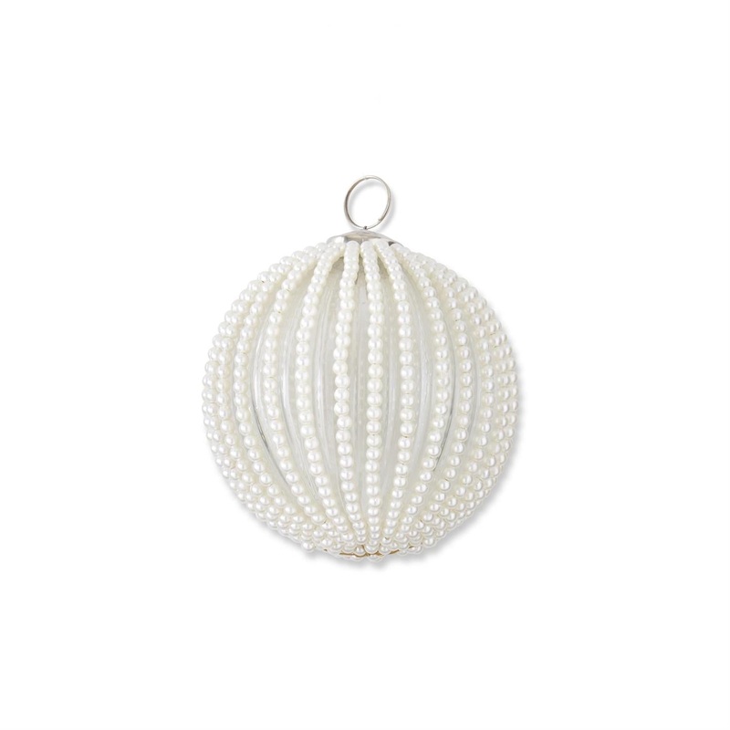 4.75 Round Clear Glass Ornament w/Wired White Beaded Stripes