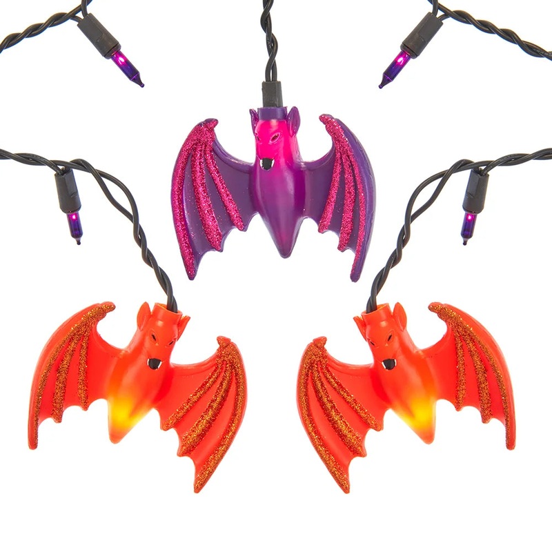 UL 25L Purple & Orange Dangling Bats Icicle Light Set, 7′