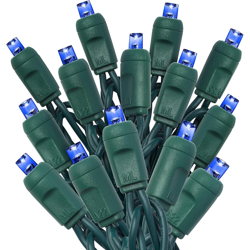 Blue Mini Light Set, Green Wire, 25′ (50 bulbs, 6 spacing)