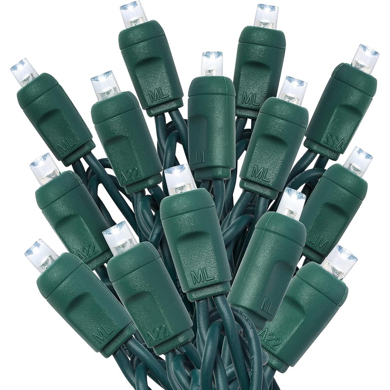 Cool White Mini Light Set, Green Wire, 25′ (Strobe – 50 bulbs, 6 spacing)