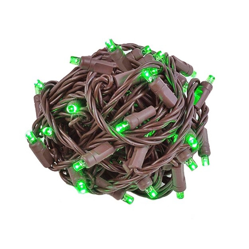 Green Mini Light Set, Brown Wire, 50′ (100 bulbs, 6 spacing)