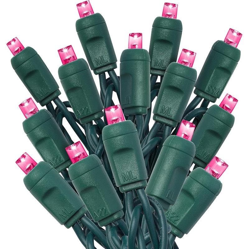 Pink Mini Light Set, Green Wire, 25′ (50 bulbs, 6 spacing)