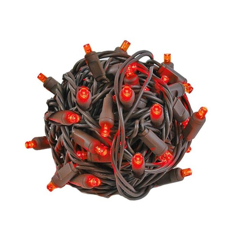 Red Mini Light Set, Brown Wire, 50′ (100 bulbs, 6 spacing)