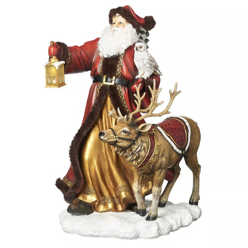 Santa w/ Raindeer and LED Lantern Figurine, 19