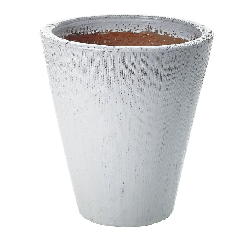 Ceramic Planter w/ Vertical Raised Lines, White, 16 x 18