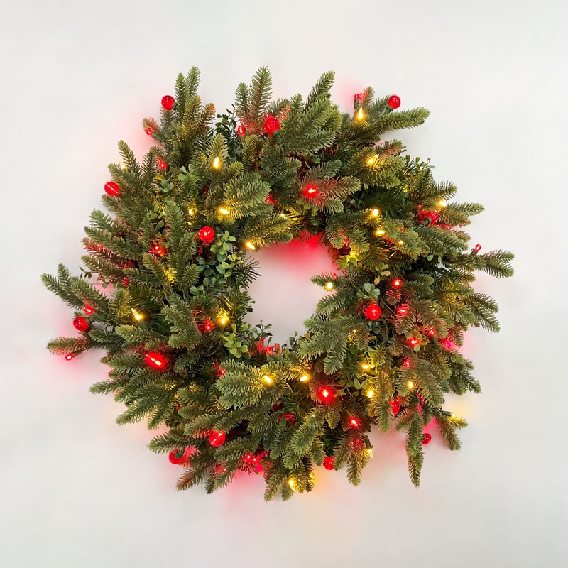 30 Wreath  Oegon Mixed Pine Lit RED/WW