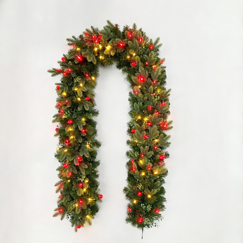 9′ Garland Oregon Mixed Pine Lit Red/WW