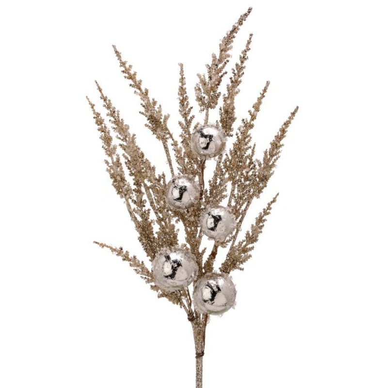 Glitter Feather Leaf Spray w/Ball, 27 (Platinum)