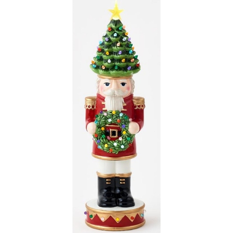 Ceramic Nutcracker w/Tree Hat, LED Lights, Timer & Adapter, 20