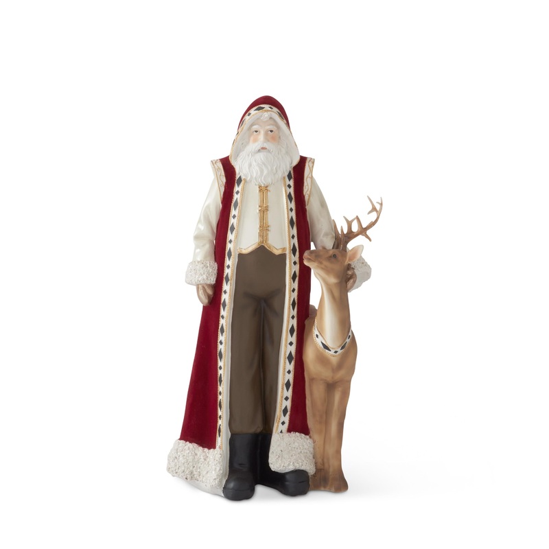 Resin Santa w/ Burgundy Cape & Brown Deer figurine, 15