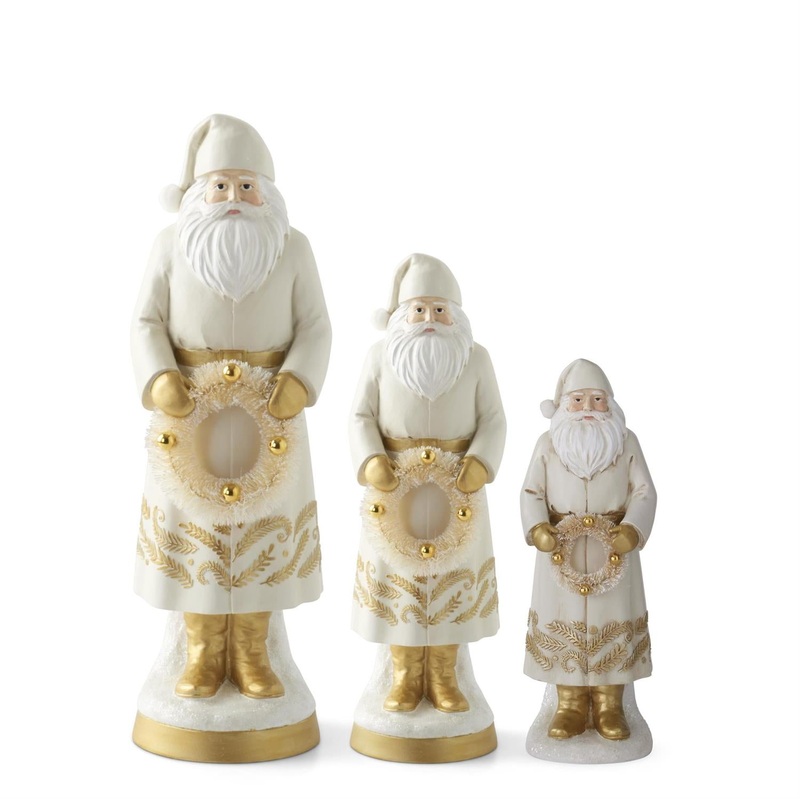Set of 3 Cream Resin Santa Holding Wreath