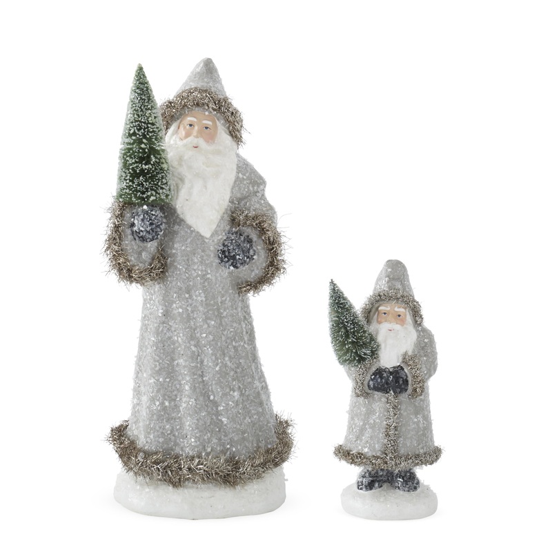 Snowy Gray Coat Santas Holding Bottle Bristle Trees, 9.25 – 16 (Set of 2)