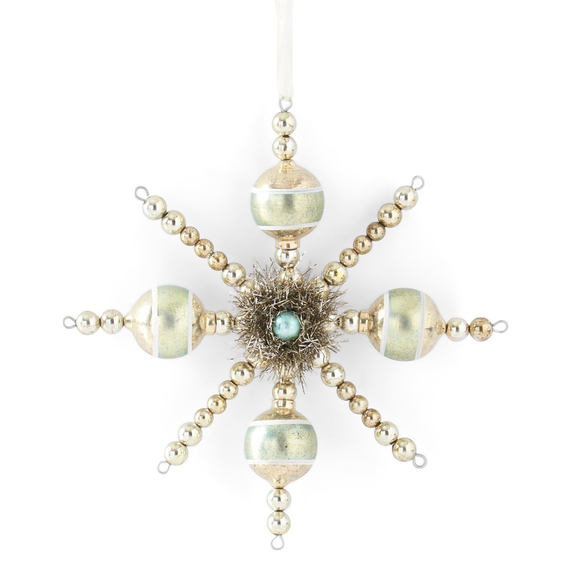 Vintage Snowflake Ornament w/ Tinsel, 7 (Champagne & Aquamarine)