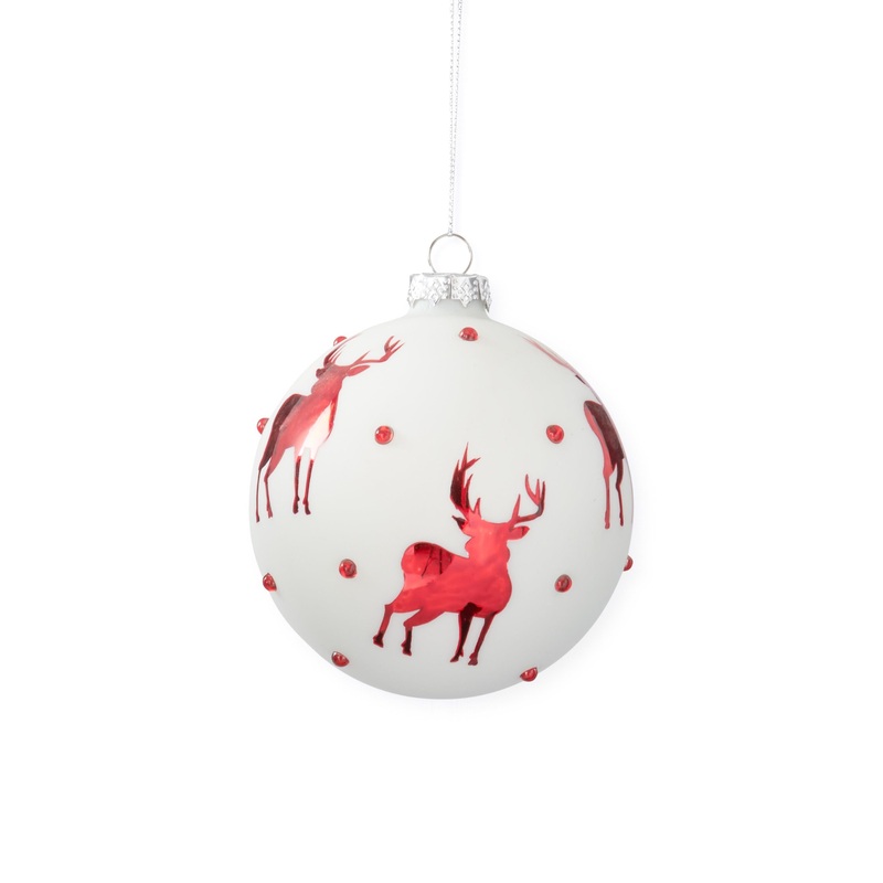 White Glass Ornament w/ Red Reindeer & Crystals, 4.5