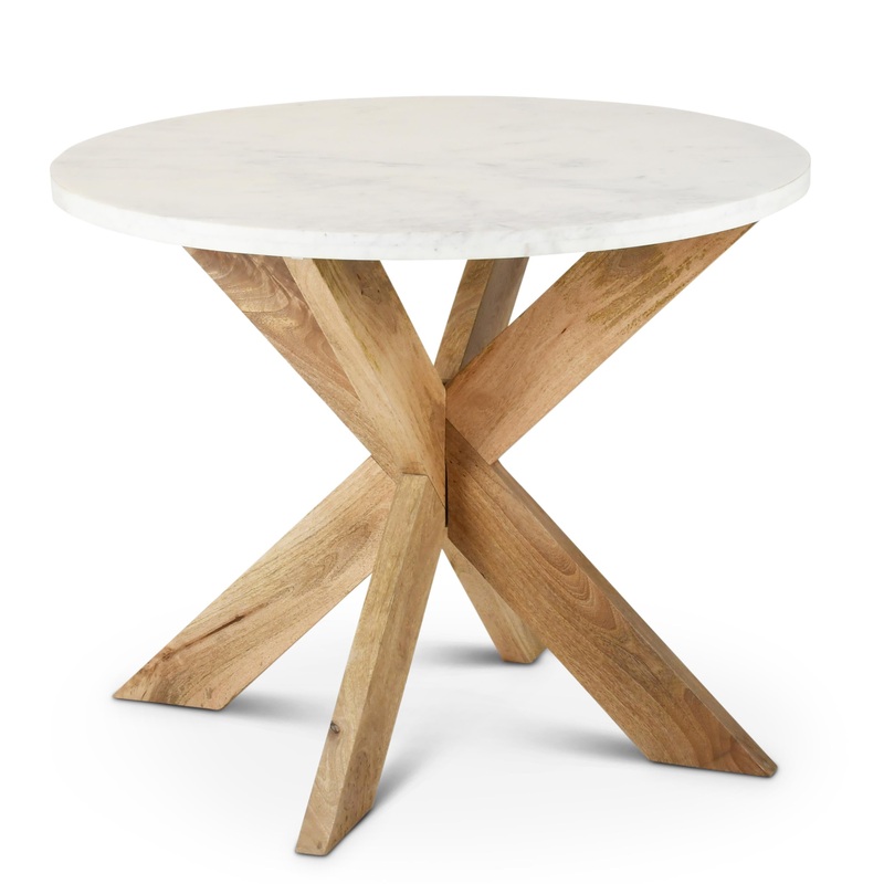 White Marble Top Table w/ Natural Mango Wood Cross Buck Legs, 32