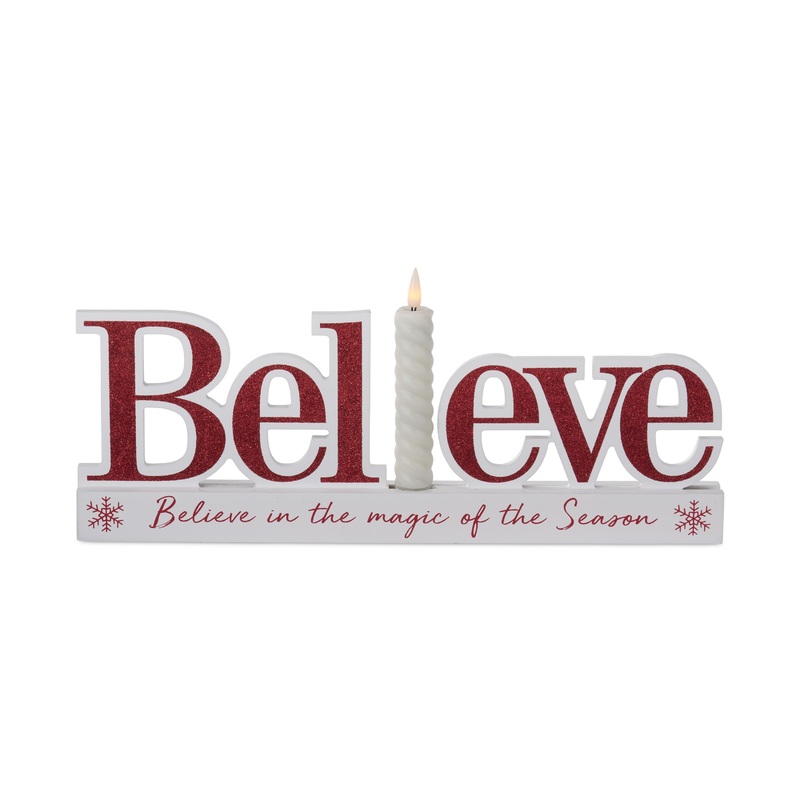 White & Red Christmas Message Believe Cutout w/ LED Candle, 15